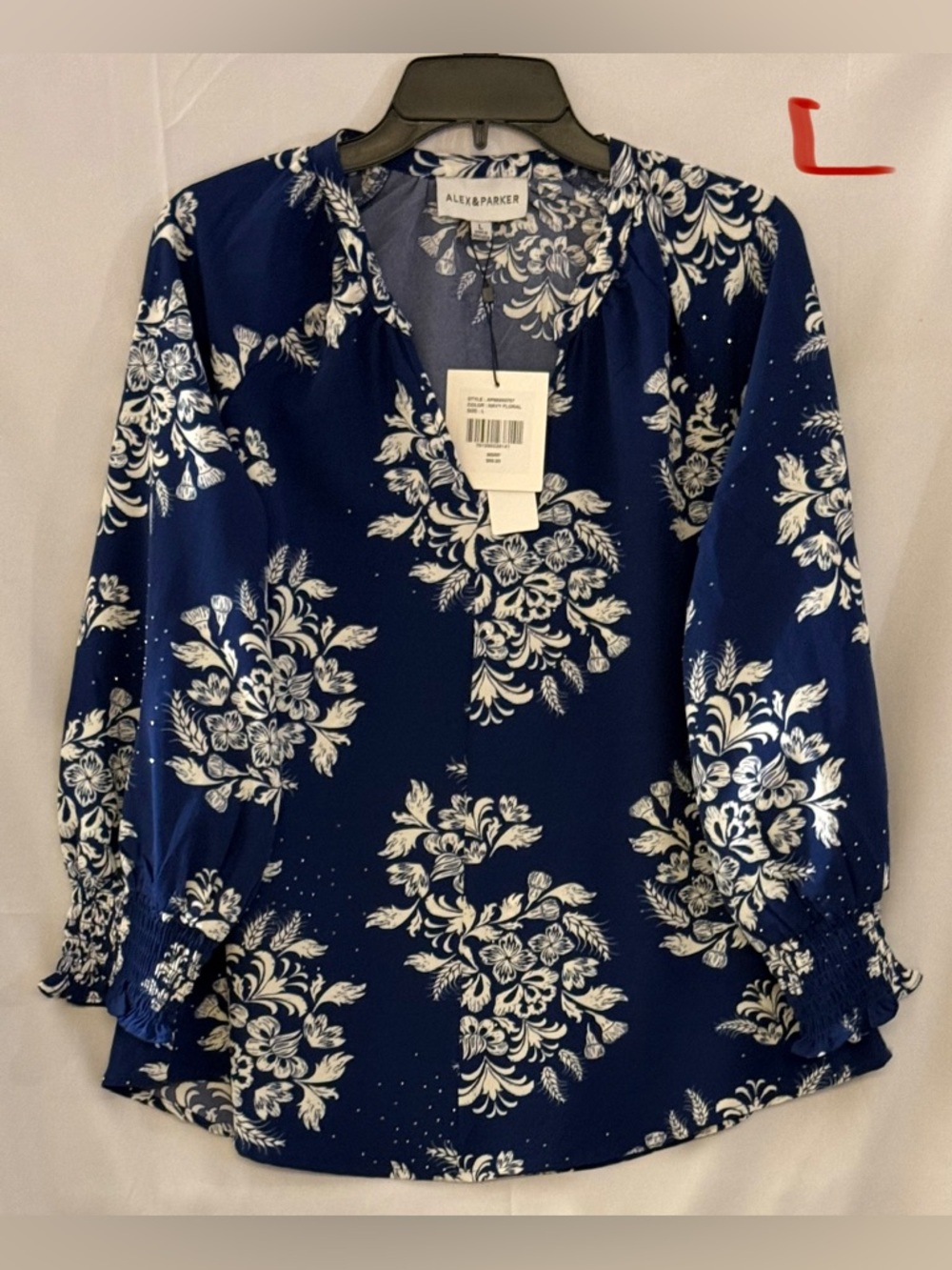 Alex & Parker Navy Floral V-Neck Long-Sleeve Blouse
